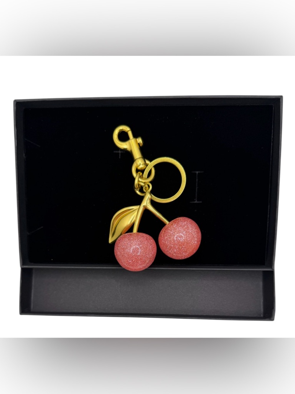 Gold Cherry Keychain with Glitter Pink Cherries